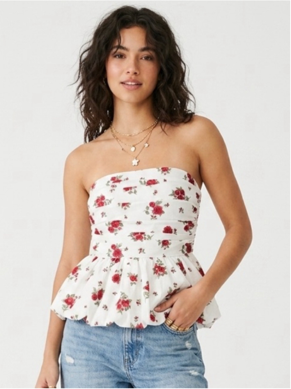 Women's Hollister White Red Rose Floral Strapless Pleated Bubble Hem Top S -703